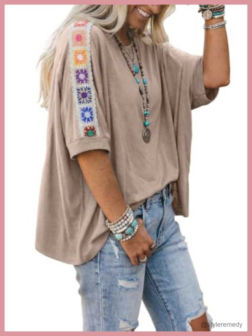 Oversized Embroidered Short Sleeve T-Shirt Loose Fit Crewneck Blouse